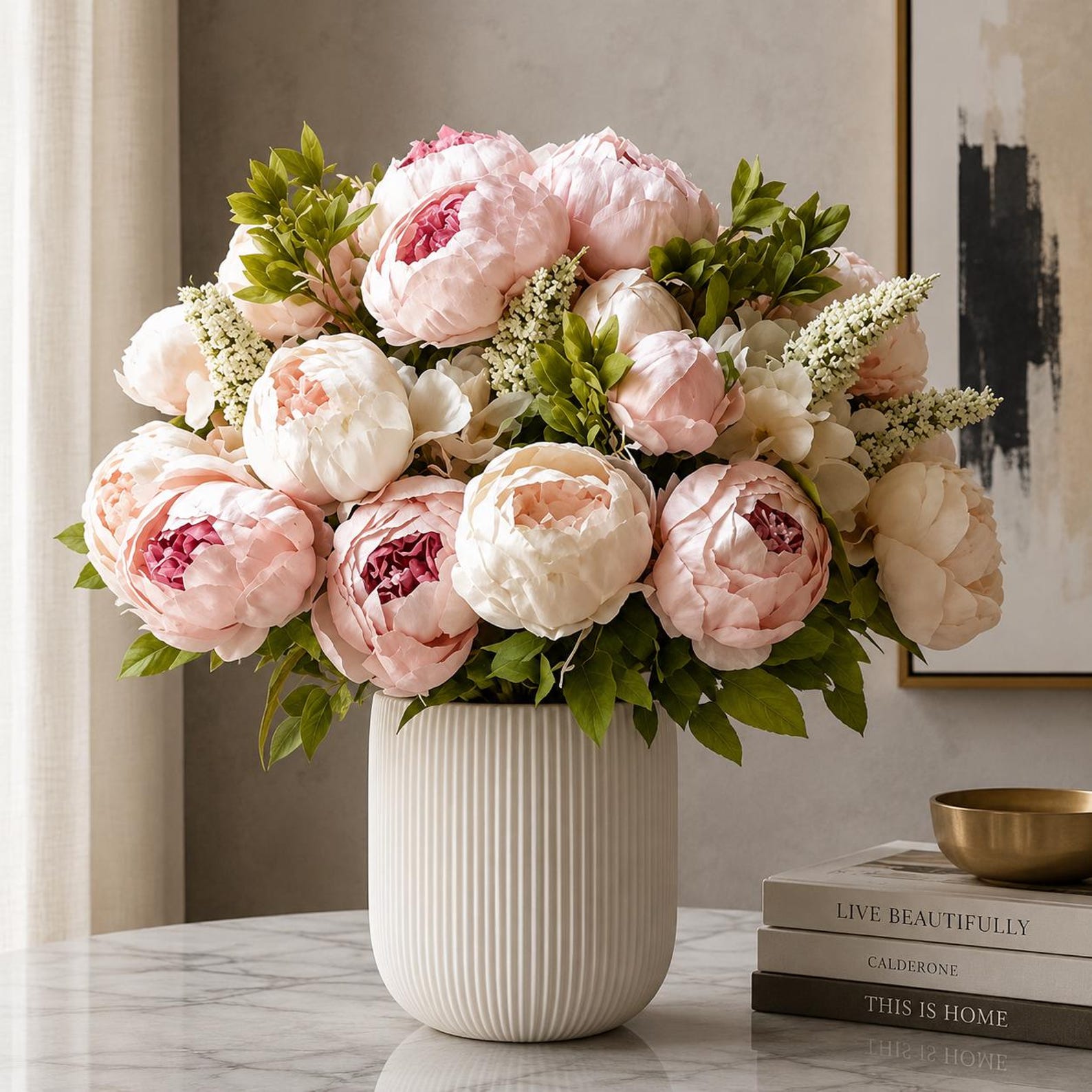 Artificial Peony Bouquet / Silk Peonies Bunch /Blush & Cream / Wedding Flowers